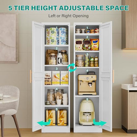 SISESOL 71" Tall Narrow Storage Cabinet with 1 Door and 5 Shelves,Slim Kitchen Pantry Cabinet,White Metal Bathroom Cabinets,Large Cupboard for Home,Kitchen,Laundry,Bathroom SISESOL
