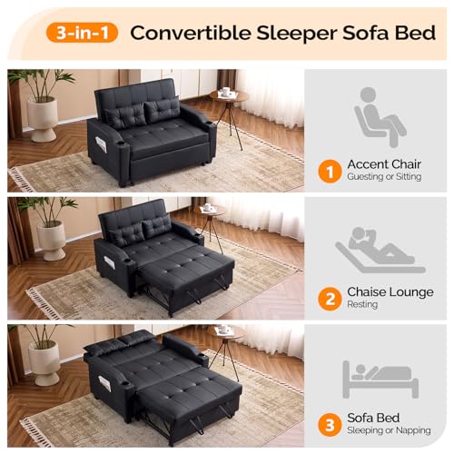 VINGLI Convertible Loveseat Sleeper, Black Faux Leather Futon Sofa Bed Pullout Couch Bed with USB Ports, Cup Holders, Armrest for Living Room, Bedroom, Home Office Apartment VINGLI