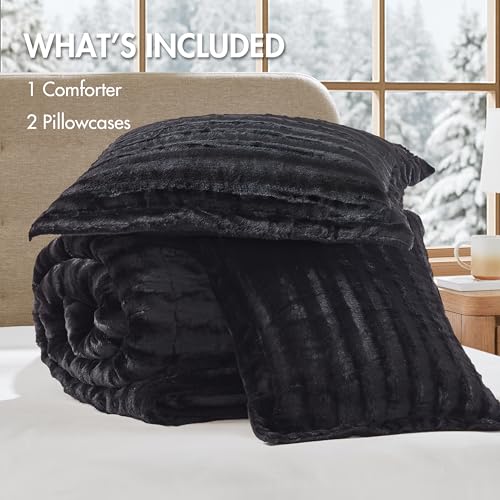 Madison Park Faux Fur Reversible Comforter Set, Down Alternative Filling, Modern Quilted Bedding with Matching Shams, King/California King, Black Madison Park