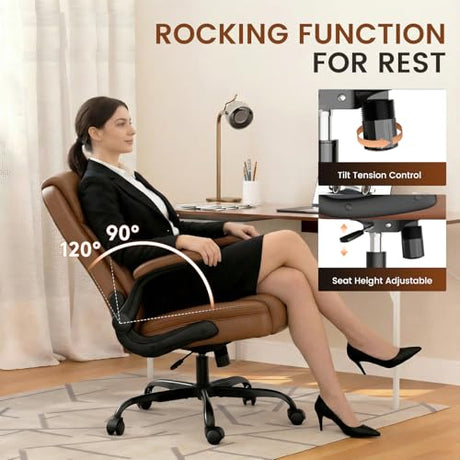 COMHOMA Office Chair 400lbs, Home Desk Chair with Flip-up Arms and Ergonomic Back - Heavy Duty PU Leather Executive Chair for Home Office Gaming, Brown COMHOMA