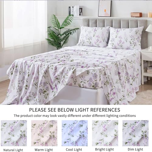 FADFAY Queen Sheets Set 100% Cotton Purple White Bed Sheet, French Country Lilac Lavender Green Leaves Sheets Botanical Pattern Minimalist Bedding, Soft Crisp & Breathable Luxury Deep Pocket Sheet FADFAY