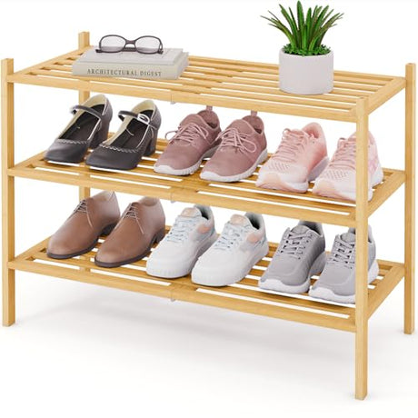 Smiry Bamboo Shoe Rack 3-Tier, Stackable Wooden Shoe Organizer for Entryway & Closet, Free Standing Wood Shoe Storage Shelf for Front Door & Small Spaces, Natural Smiry