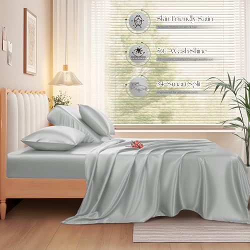 Manyshofu 4Pcs Half Split Flex Head King Sheets Sets for Adjustable Bed, Satin Split King Bed Sheets Silky Grey Satin Sheets Top Flex Sheet - Cooling Sheet Set with 14-16 Inch Deep Pockets Manyshofu