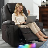 IBTKIG Power Recliner Chair with Massage and Heat, Leather Home Theater Seating with LED Lights/Cup Holders/Side Pocket/USB Port, Reclining Sofa Chair for Living Room (1, Brown)