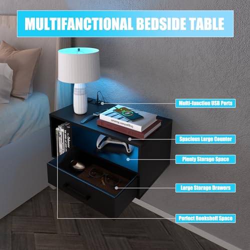 Bloddream Floating Nightstand with Charging Station and LED Light Strips, 21.3" Night Stand with Drawers, Floating Bedside with USB Ports and Outlets, Bedroom Furniture, Black Bloddream