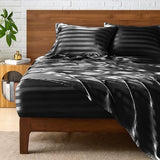 BEDELITE Satin Sheets King Size, Luxury Jacquard Striped Black Bedsheets Set with Elastic Corner Straps, Similar to Silk Sheets Set 4 PC with 1 Deep Pocket Fitted Sheet, 1 Flat Sheet, & 2 Pillowcases BEDELITE