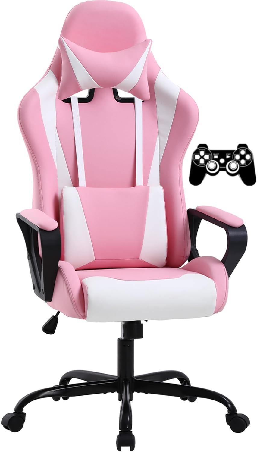 Pink Gaming Chair High-Back Office Chair Ergonomic Video Game Chairs Height Adjustable Reclining Computer Chair with Lumbar Support Armrest Headrest Swivel Chair Game Chair for Adult Teen - Pink BSTOPHKL