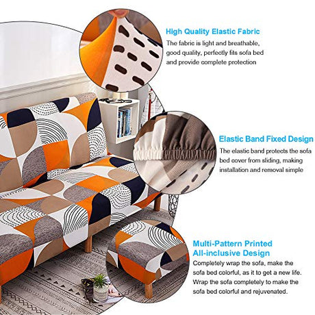 MIFXIN Stretch Futon Cover Armless Sofa Slipcover Elastic Spandex Folding Sofa Bed Couch Cover Printed Washable Furniture Protector for Sofa Without Armrest (Orange Geometry) MIFXIN