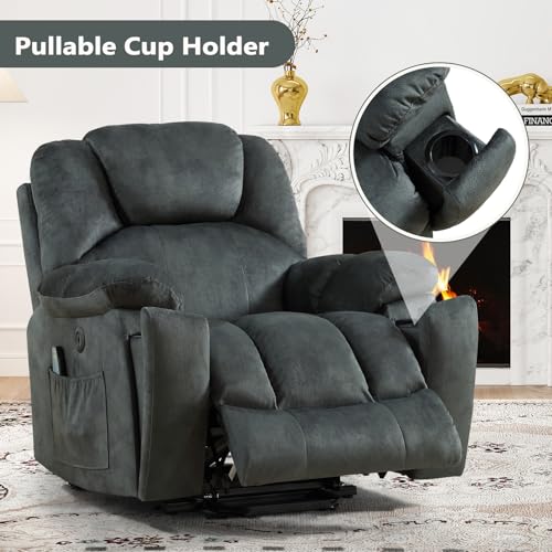 ANJ Large Power Lift Recliner with Hidden Cup Holders for Elderly, Large Electric Reclining Lift Chair with Massage and Heat, Overstuffed Lifting Chairs with Side Pockets for Living Room, Dark Green