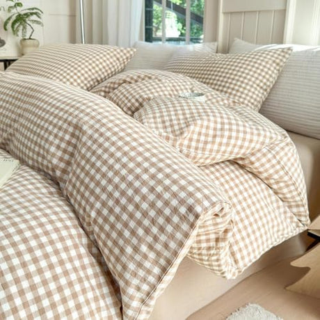 LifeTB Queen Comforter Set Tan Gingham Comforter Modern Style Beige Plaid Comforter Set 3 Pieces Fluffy Grid Checkered Comforter with 2 Pillowcases Boho Gingham Bedding Set Queen Size LifeTB