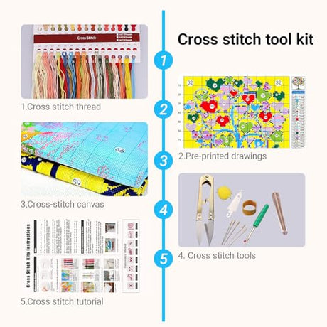 HKLIOPU Stamped Cross Stitch Kits - Love Tree Embroidery Starter Kit for Adult Beginners, 11CT Needlepoint Cross-Stitch Patterns Dimensions Kit Arts and Crafts 13.8X 13.8 inch HKLIOPU