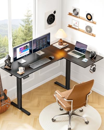 HUANUO L-Shaped Standing Desk, 71 x 48 inch Dual Motor Corner Standing Desk, Electric Height Adjustable Computer Desk with Cable Tray & 3 Preset Heights, Raising Desk for Home Office, Black,  - WoodArtSupply