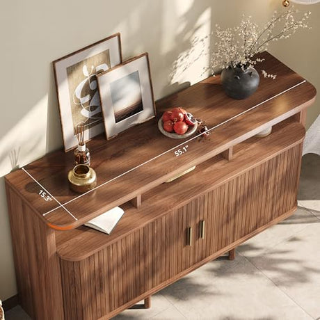 IRONCK 55" Sideboard Buffet Cabinet with Storage, Fluted Credenza with Sliding Door & Open Shelf, Mid Century Modern Accent Coffee Bar Console Table for Kitchen, Living Room, Entryway, Walnut IRONCK