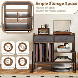 Giantex Large Record Player Stand with Charging Station, Modern Turntable Stand w/2 Fabric Drawers & Adjustable Shelf, Record Player Table, Vinyl Record Storage for Living Room (Rustic Brown) Giantex