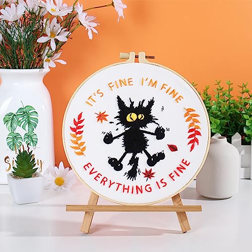 Louise Maelys Cute Cat Embroidery Kits for Beginners with Funny Animal Pattern,Adults Starter Cross Stitch Kit DIY Needlepoint Everything is Fine