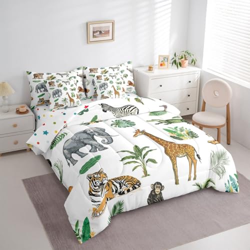 Erosebridal Wild Animal Kids Bed in A Bag Twin 7 Piece Cartoon Elephant Giraffe Comforter Set Safari Animals Bedding Sets for Kids Crocodile Tiger Zebra Palm Tree Tropical Sheet Set with Comforter Erosebridal