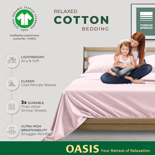 THREAD SPREAD 100% Organic Cotton Sheets Twin Size - 3 PC Organic Cotton Twin Size Percale Weave Sheet Set, Soft, Cooling, Crisp & Breathable, 16" Deep Pocket Bedding Set for Dorm Room - Blush THREAD SPREAD