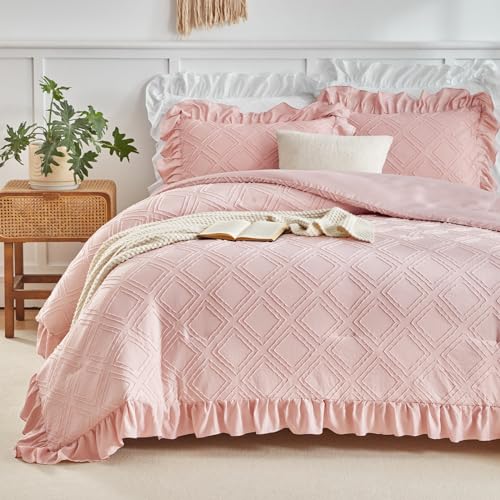 Tufted Ruffle Comforter Set Twin Size, 3 Pieces Blush Pink Ruffled Farmhouse Comforters, Luxury Solid Soft and Embroidery Shabby Chic Boho Bohemian Bedding Set for Girls (1 Comforter + 2 Pillowcases) Flysheep