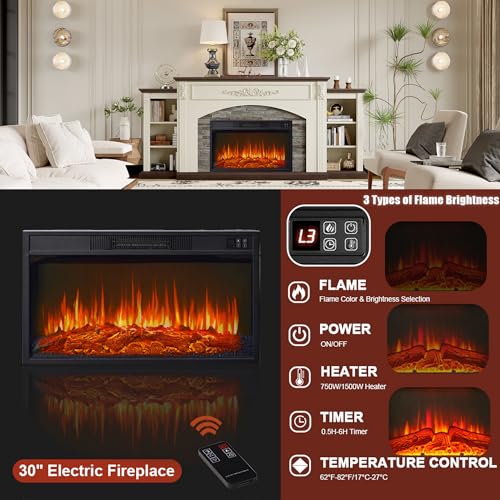 78" Electric Fireplace with Mantel, Fireplace TV Stand for TVs Up to 90 Inch, Entertainment Center with 30inch Fire Place Insert ＆ Realistic Stacked Stone Surround for Living Room BLANKSPACE