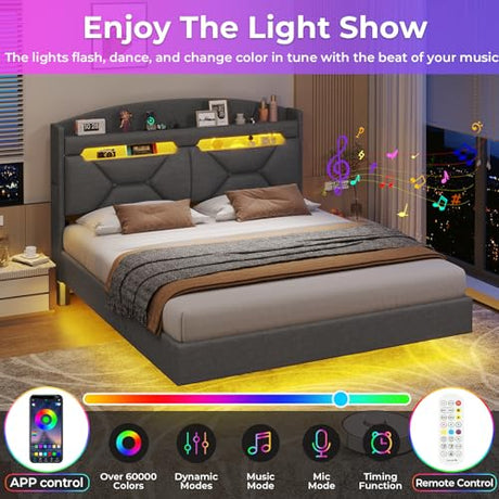 BTHFST Floating Bed Frame Full Size with Type-C Charging Station & Storage Headboard, RGB Floating Platform Bed, No Box Spring Needed, Wooden Slats Support, Dark Grey BTHFST