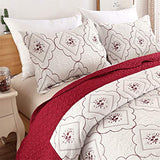 Oliven 3 Pcs Embroidered Quilt Full/Queen Size Floral Bedspread Soft Breathable Flower Coverlet Burgundy White Bed Cover Embroidered Bedding Christmas Bed Home Decor Oliven