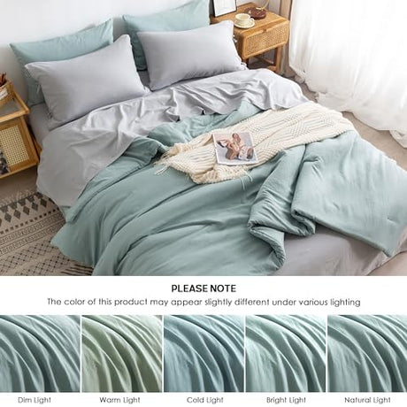 COTTEBED Ultra-Soft Twin Comforter Set with Sheets - 5 Pieces Bed in a Bag Twin Down Comforter & Bedding Sheet Sets, Lightweight Boho Cozy Washed PolyCotton for Kids Boy Girl All Season Use,Sage Green COTTEBED