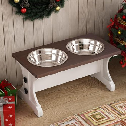 Piskyet Elevated Dog Bowls,Farmhouse Dog Bowls Stand, Raised Dog Bowl with 2 Stainless Steel Wooden Dog Bowls,3.5Cups8.5''H_30 oz Bowl-Farmhouse Style