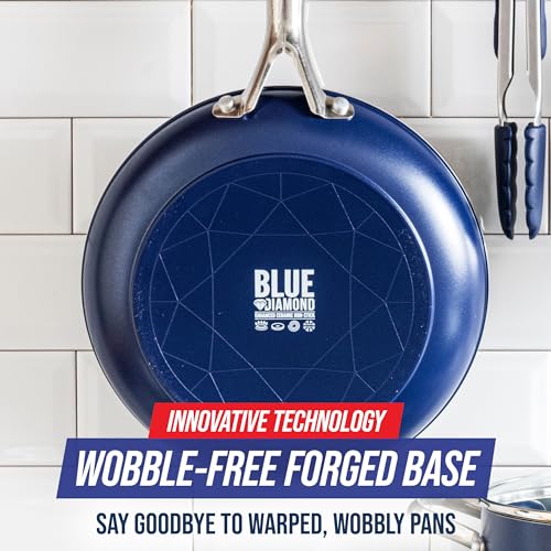 Blue Diamond Frying Pan 8” Skillet, Diamond Infused Healthy Ceramic Nonstick, PFAS and PFOA-Free, Dishwasher and Oven Safe, Even Heating, Metal Utensil Safe, Warp Control Base, Blue Blue Diamond