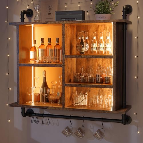 REIBII Led Floating Shelves for Wall 37" Kitchen Shelves for Wall Storage Industrial Pipe Shelving with 8 S-Hook Wood Wall Mounted Shelves for Bathroom Wall Wine Coffee Bar Rack Living Room Deco REIBII