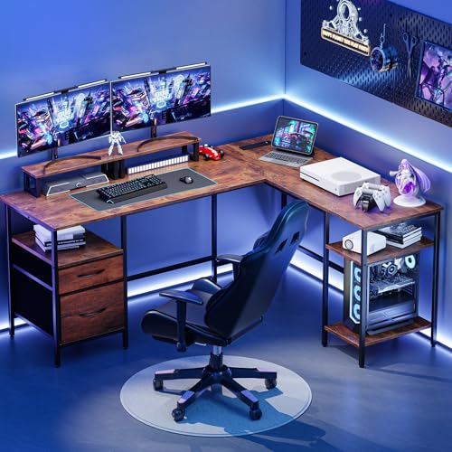 DUMOS 62 Inch L Shaped Gaming Desk with Charging Station & 2 Monitor Stands, Computer Desk with Drawer & Adjustable Storage Shelves, Large Corner Desk for Home Office, Rust Brown DUMOS