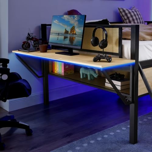 Single Game Bed Metal Full Loft Bed with Rectangular Desk, LED Lights, LED loft Bed Frame Double Bed with Storage Shelves and Hanging Storage Compartments, Safety Guard and Ladder, Rattang(Natural) JIJIWANG