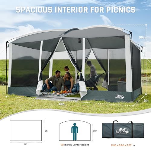 Screen House Room 13x9Ft DMH OUTDOORS Screen Tent Mesh Gazebos w/ 2 Magnetic Doors, Included Projection Screen, Camping Tent Screened Canopy Shelter for Outdoor Patios Backyards Activities DMH OUTDOORS