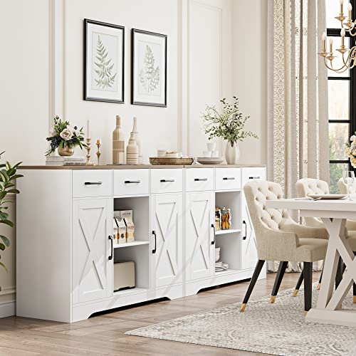 HOSTACK Modern Farmhouse Buffet Cabinet with Storage, Barn Doors Sideboard Buffet Storage Cabinet with Drawers and Shelves, Wood Coffee Bar Cabinet for Kitchen, Dining Room, Living Room, Whit - WoodArtSupply