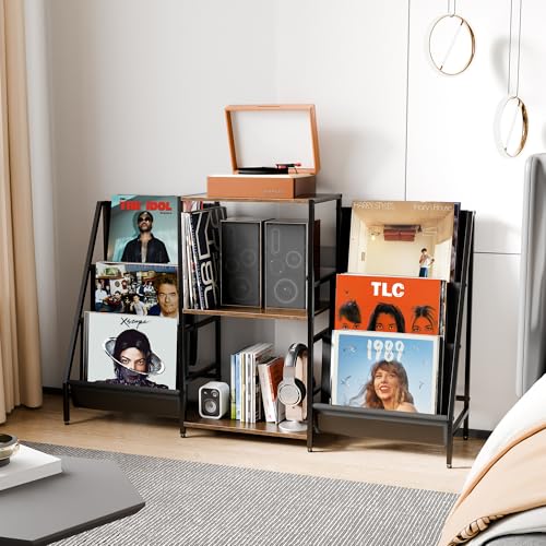 ZIFTY Record Player Stand Vinyl Storage with 6-Tier Display Holder LED Light Turntable Stand for 300 Albums Media Shelf Cabinet Stereo Cabinet Console for Vinyl Enthusiast Livingroom, Bedroom ZIFTY