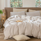 MooMee Striped Duvet Cover Set 100% Washed Cotton Linen Like Textured Breathable Durable Soft Comfy (Tannish Linen Grey White Classic Stripes, Queen 90"x90") MooMee