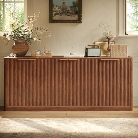 Evermagin 67" Fluted Walnut Buffet Cabinet Sideboard with Storage, Large Credenza with 6 Doors, Wood Mid Century Modern Sideboard for Kitchen and Living Room (67" W*31.5" H*15.7" D) Evermagin