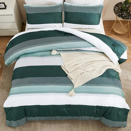Litanika Dark Emerald Green Bed Comforter Twin/Twin XL Set, 2 Pieces Twin Extra Long Size Boys Men Forest Bedding Set, Single Colorblock Striped Bed Set Litanika