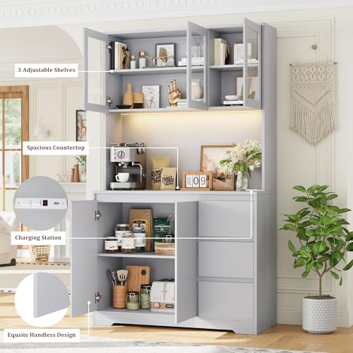 Finetones 71" Modern Grey Kitchen Pantry Cabinet with LED Lighting and Charging Station - WoodArtSupply