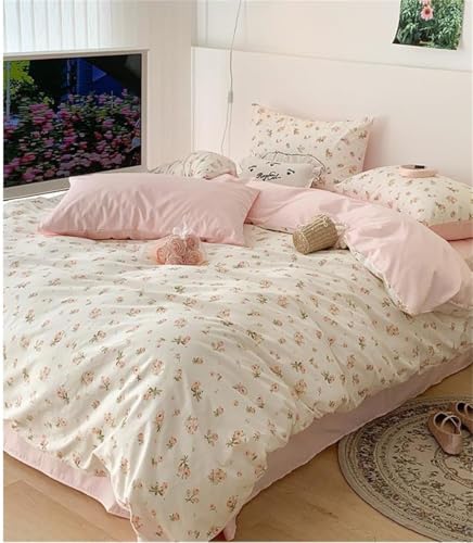 Sedefen Floral Duvet Cover Full Size Pink Romantic Flower Bedding Set 3 Pcs Cotton Spring Garden Aesthetic Green Botanical Coquette Comforter Cover for Kids Boys Girls with Zipper Corner Ties Sedefen
