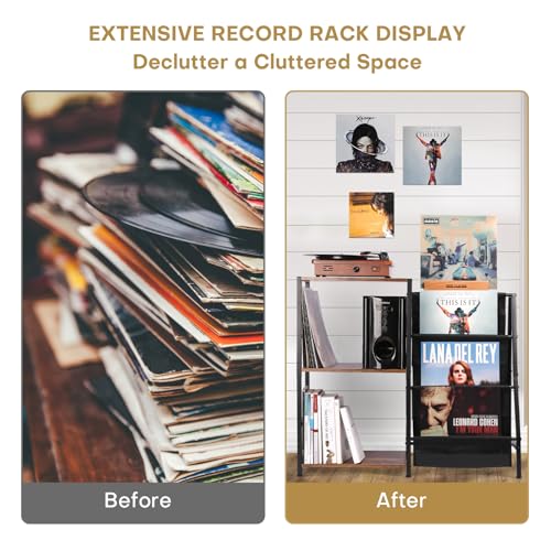 HYCFYJR Record Player Stand, 3-Tier Vinyl Record Storage, Turntable Stand with Now Playing Holder, Vinyl Display for Living Room, Rustic Brown HYCFYJR