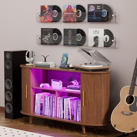 YKVIQBY Large Record Player Stand with LED Lights, Vinyl Record Storage with Charging Station & USB Ports, Record Player Cabinet for Living Room(Natural, 55in) (Walnut, 55in) YKVIQBY
