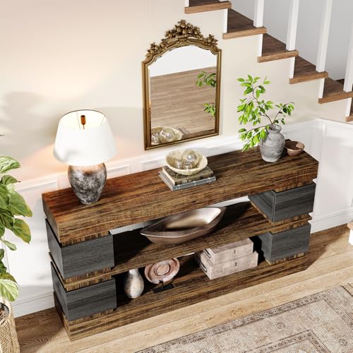 Tribesigns 63" Farmhouse Console Table, 3-Tier Entryway Table with Storage, Long Wooden Behind Couch Stand with 4 Compartments for Living Room, Hallway, Foyer, Vintage Brown & Gray Tribesigns