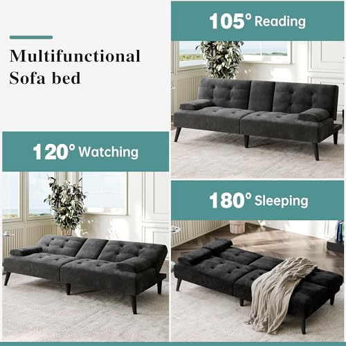 Meilocar 64" Futon Sofa Bed, 64" Convertible Loveseat with 2 Cup Holders, Small Couch with 3 Adjustable Angles & Removable Armrest, Modern Sleeper Sofa for Apartment,5.3 FT, Black Meilocar