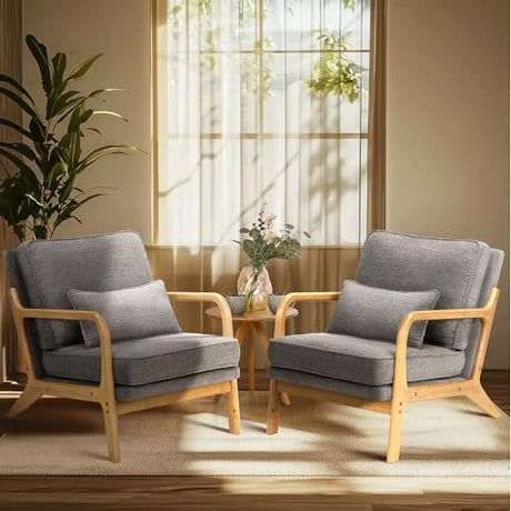 COLAMY Mid Century Modern Accent Chair Set of 2 with Lumbar Pillow, Relaxing Armchair with Solid Wood Frame & Soft Cushion, Reading Leisure Chair for Living Room,（Grey） COLAMY