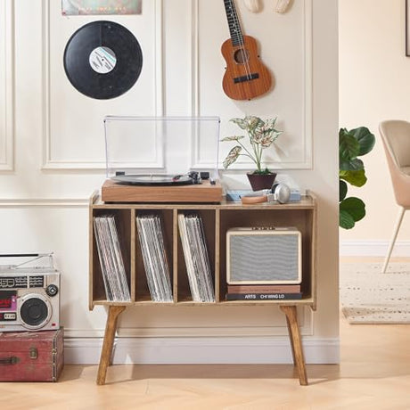 Lerliuo Record Player Stand with 4 Cabinet Holds Up to 220 Albums, Large Turntable Stand with Beech Wood Legs, Mid-Century Record Player Table Lerliuo