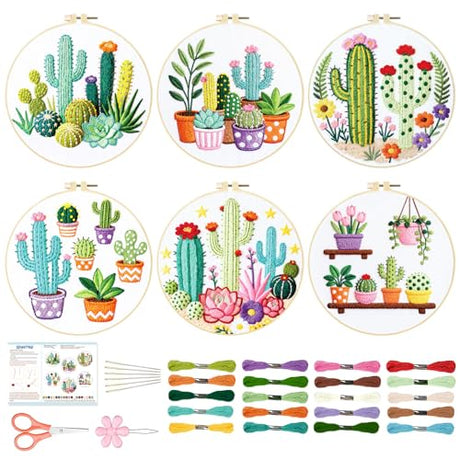 BEUNITONE Cactus Embroidery Kit for Beginners, 6PC Succulent Plant Themed Needlepoint Kits for Adults with Hoops, Threads, Needles, Instructions and Full Kits, DIY Home Decor Craft Gift for Adults BEUNITONE