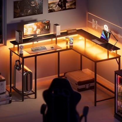 SUPERJARE Desk L Shaped Gaming Desk with LED Lights & Power Outlets, Computer Desk with Monitor Stand, Home Office Desk Corner Desk with Headphone Hooks, Black - WoodArtSupply