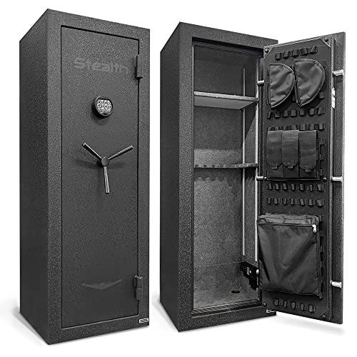 Stealth EGS14 Essential Gun Safe, Fireproof for 30 Minutes, Fits up to 14 Long Guns & Pistols, Adjustable Door Panel Organizer, California DOJ Approved, Internal Power Outlet, Durable Black Paint