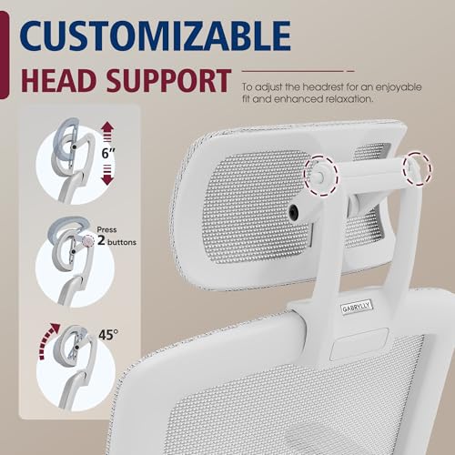 GABRYLLY Ergonomic Office Chair, High Back Home Desk Chair with Headrest, Flip-Up Arms, 90-120° Tilt Lock and Wide Cushion, 400LBS Mesh Chairs for Man Woman, White Task Chair(Grey,GY01WG) GABRYLLY