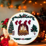 Zhenqing Christmas Embroidery Kit for Beginners - 4 Piece 29x29cm Round Designs with Embroidery Hoop, Threads & Tools (Snowy Cabin, Fireplace, Candy Cane, Holly)(C0066)